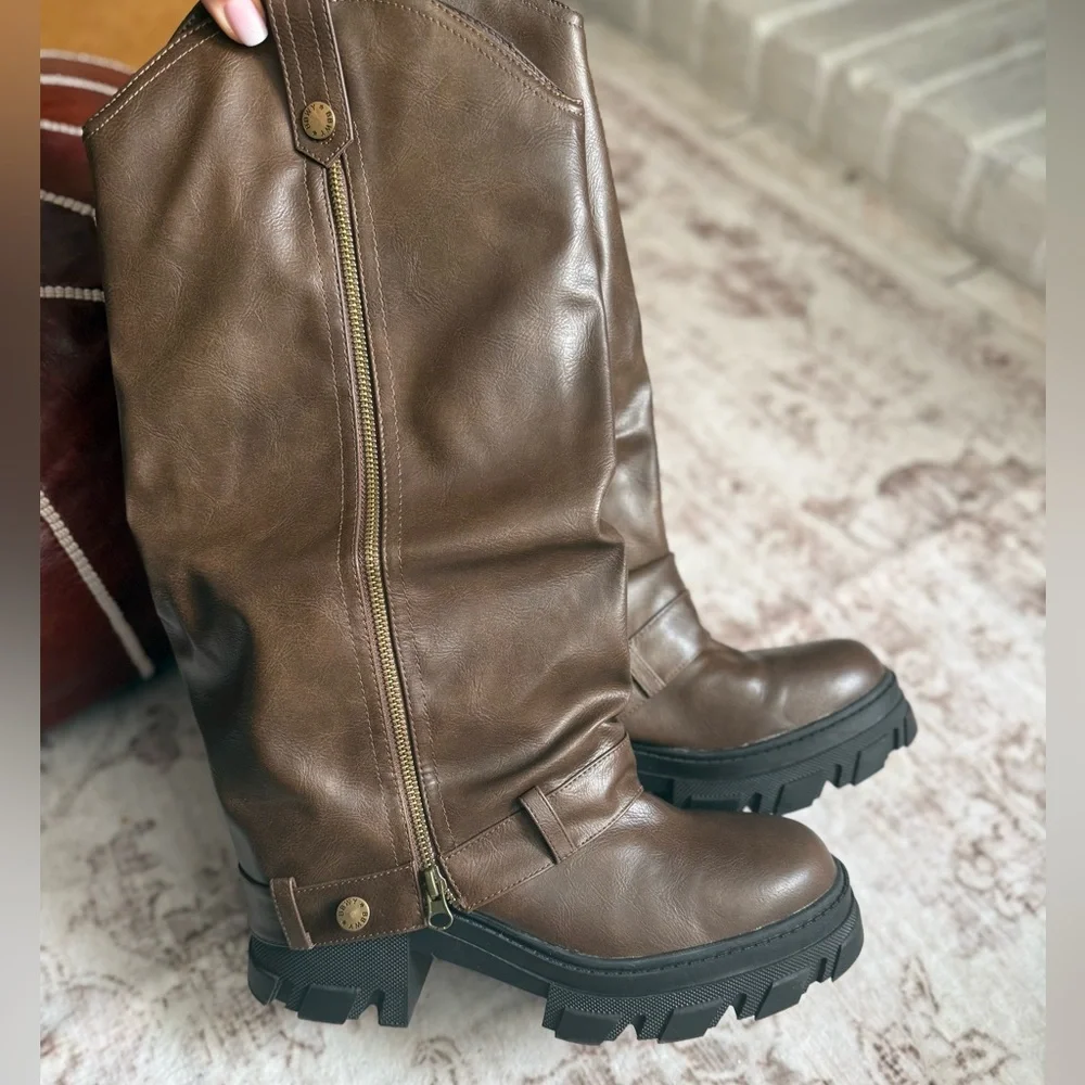 Brown Knee-High Boots with Black Soles bulky fun brown boots - Picture 6 of 13